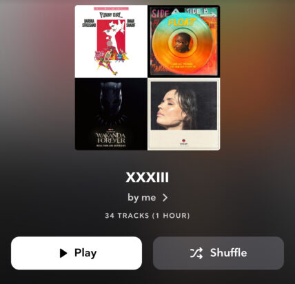 Birthday playlist "XXXIII" from the Tidal App showing main image, title, and Play & Shuffle buttons