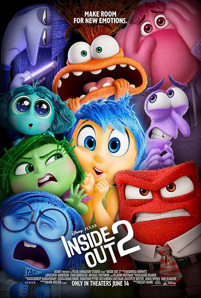 'Inside Out 2' film poster showing all the emotions crammed into the frame with the film title and release date at the bottom. "Make room for new emotions" is at the top.