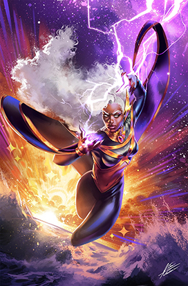 Ororo Monroe a.k.a. Storm, Omega level mutant, flying over water blowing up on both sides conjuring purple lightening in her hands.