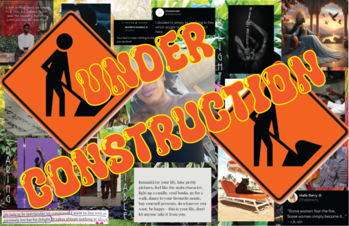 My 2025 vision board with "Under Construction" over it in an orange bubble like font with a yellow outline. There are also two construction signs depicting a worker shoveling.