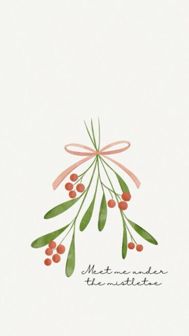 Hanging, painted mistletoe sprig with a red bow and text that reads "Meet me under the mistletoe" in black script