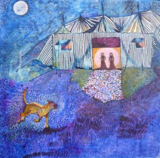 Egg tempera painting of "Manawee" by appleriverart. A tent with two figures inside and dog outside.