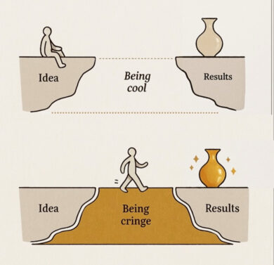 Illustration with a figure sitting on a cliff that says "Idea" across a chasm of "being cool" facing another cliff that says "results" with a cream vase. Below is another cliff but the figure is walking across the filled in gold chasm labeled "being cringe" towards the "results" vase that is now gold.