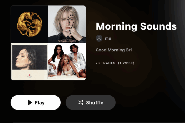 Tidal playlist title section. "Morning Sounds" with cover art featuring Beyoncé's "The Gift", Hayley Williams's "Petals for Armor", Carlina's "Lucky Girl", and Destiny Child's "Survivor".