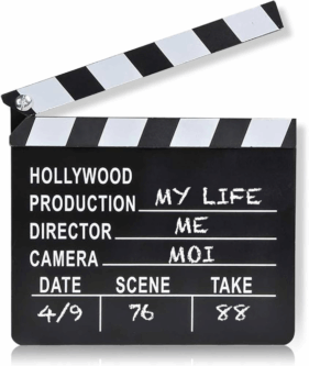 Clapperboard with "Production - My Life", "Director - Me", "Camera - Moi", "Day - 4/9", "Scene - 76", "Take - 88".