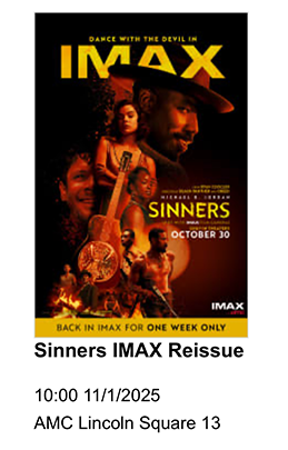 Email of ticket confirmation for Sinners IMAX reissue