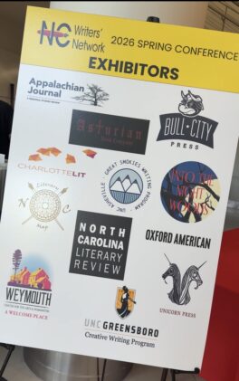 Sign listing the exhibitors at the North Carolina Writer's Network Spring Conference in April 2026.