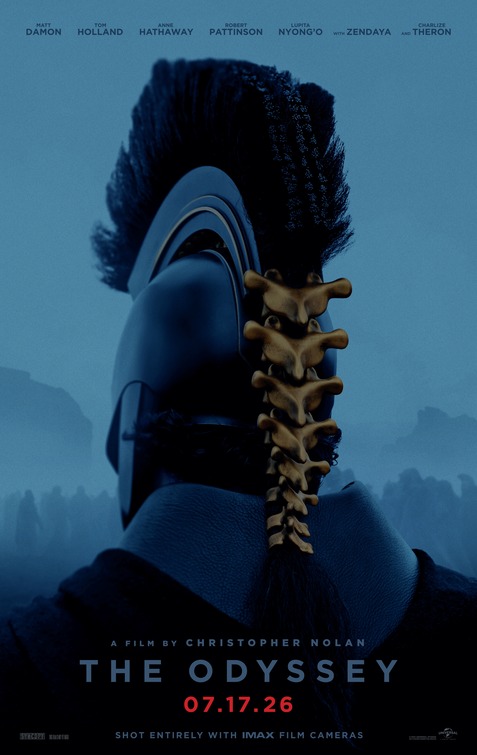 Film poster for The Odyssey featuring the back of Agamemnon's helmet with the cast names at the top and "The Odyssey 07.17.26" at the bottom